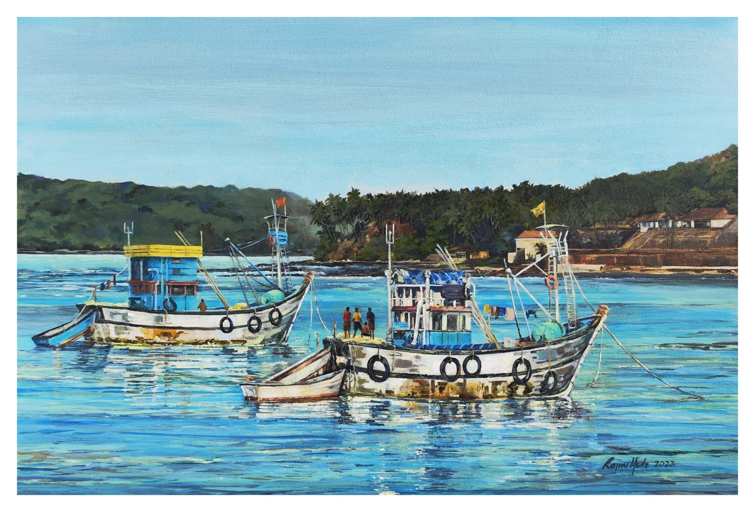 Click to zoom in and see brushstroke detail Trawlers on the Mandovi (original)